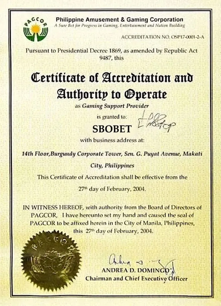 Giấy phép chứng nhận uy tín SBOBET